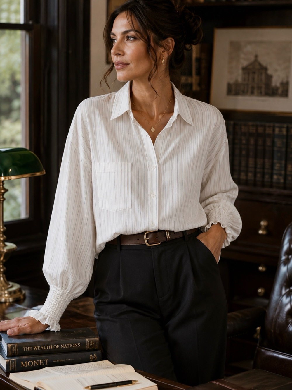 BLU PEPPER WOMEN’S L WHITE PINSTRIPE BUTTON UP BLOUSE SMOCKED CUFF HI LOW RAYON